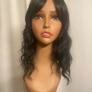 14” Black Wavy Women’s Wig with Curtain Bangs